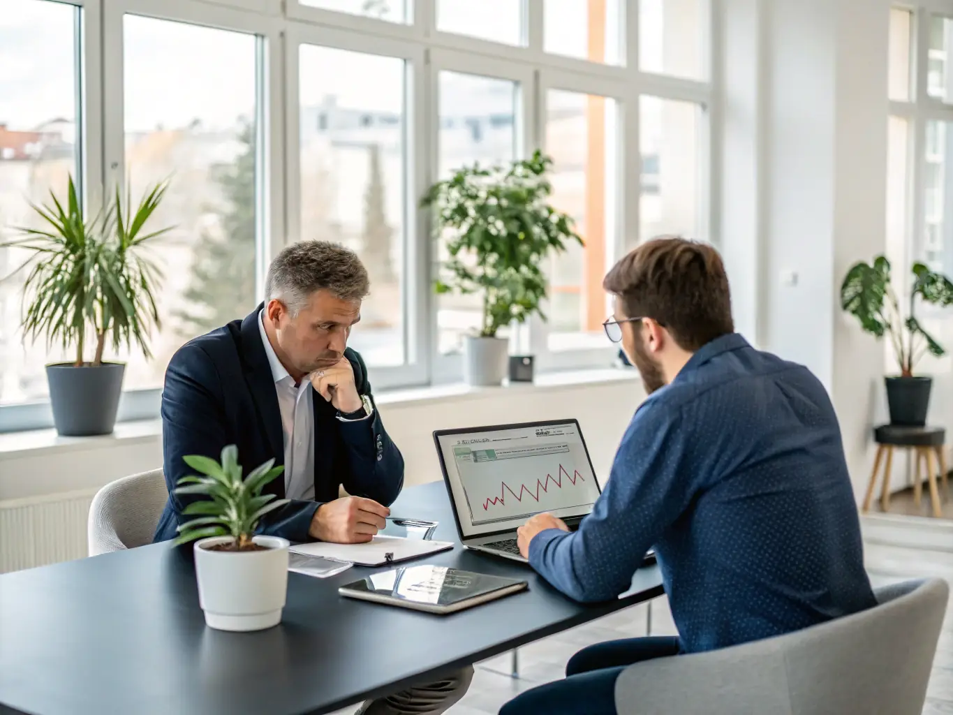 A professional financial advisor reviewing investment portfolios with a client, emphasizing growth and return on investment.