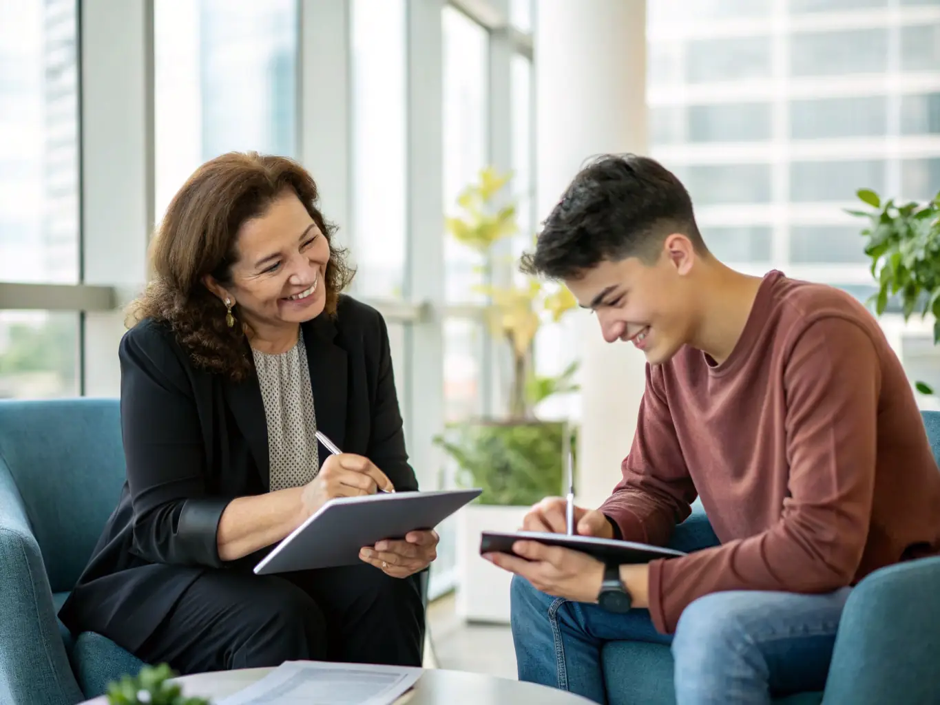 An image of a professional coaching session with a client discussing career plans, with charts and growth indicators in the background.