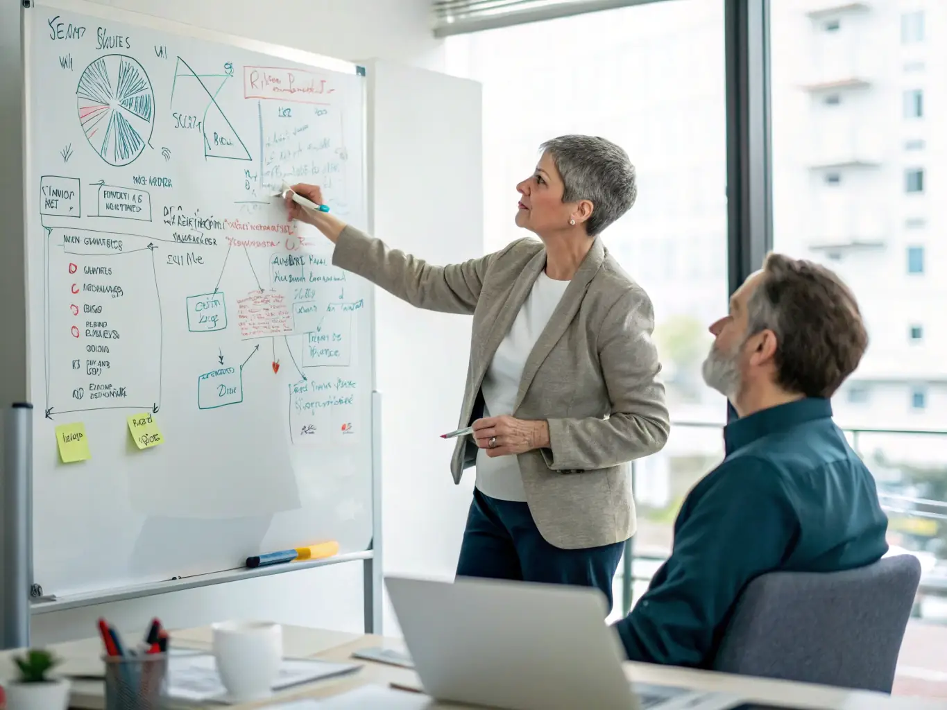 A professional business coach is guiding a client through a career development plan, using a whiteboard to illustrate growth strategies and investment opportunities.