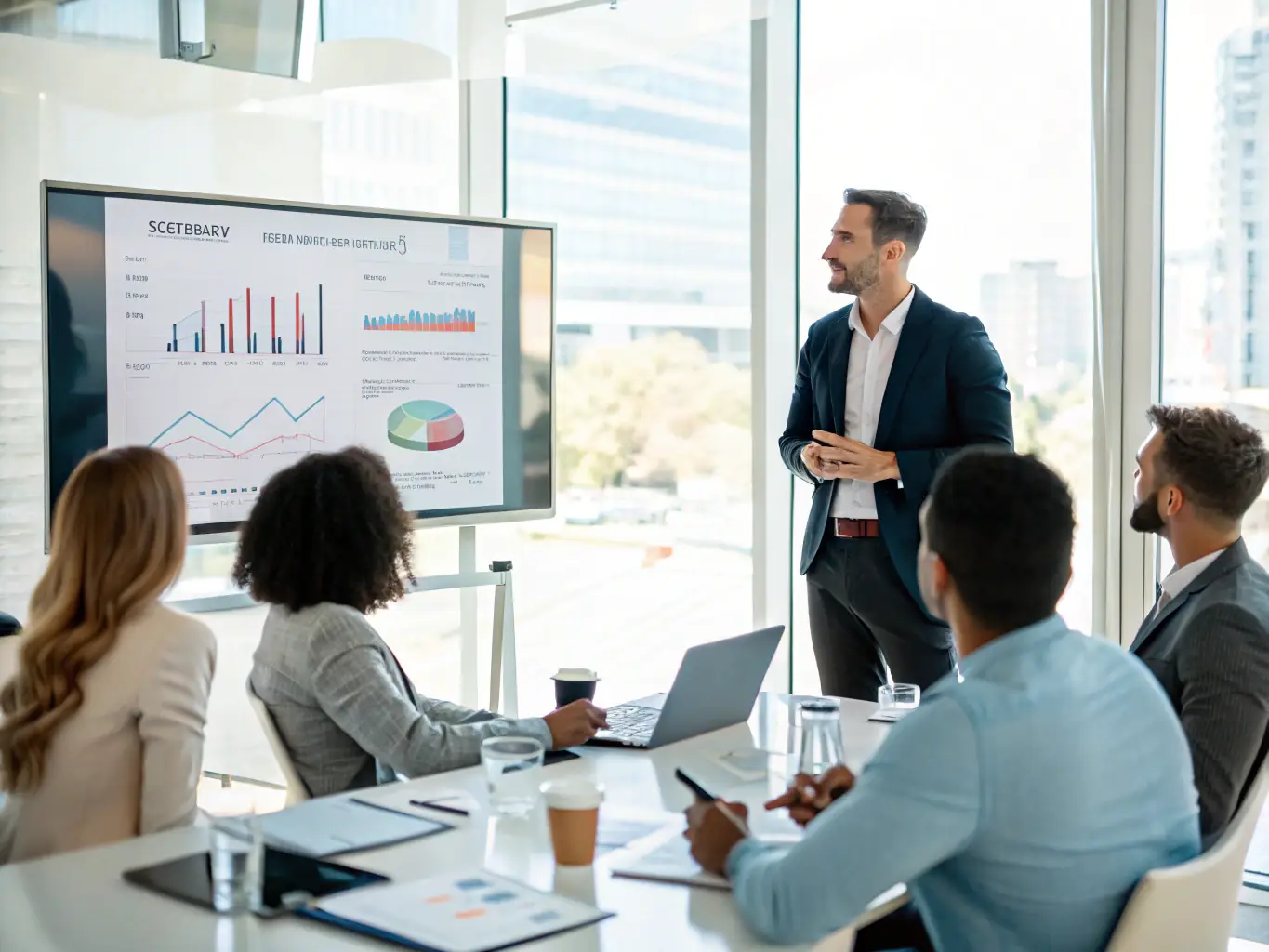 A person confidently presenting a career growth strategy to a team, highlighting key investment areas and potential returns.